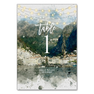 Italian Amalfi lights wedding table number card