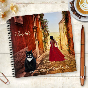 Italian Art Lady in Red Cute Tuxedo Cat Notebook