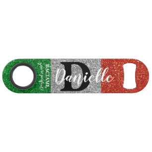 Italian Bartender Glitter Black White Monogrammed Bar Key