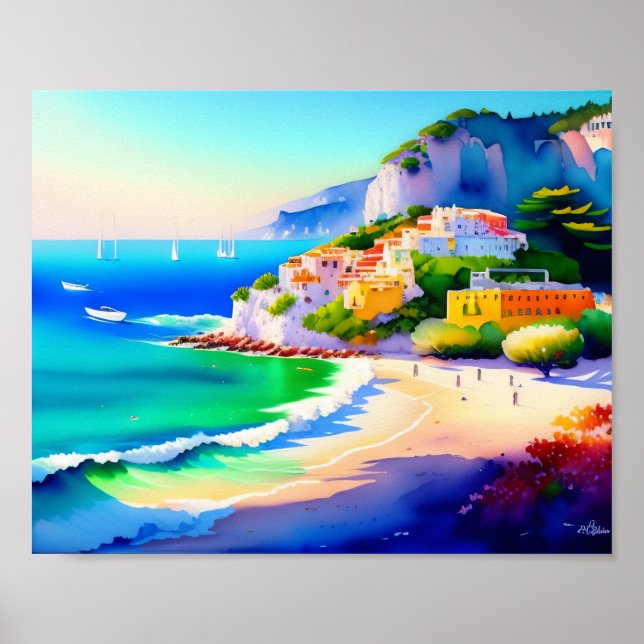 Italian Beach Village Watercolor Poster (Front)