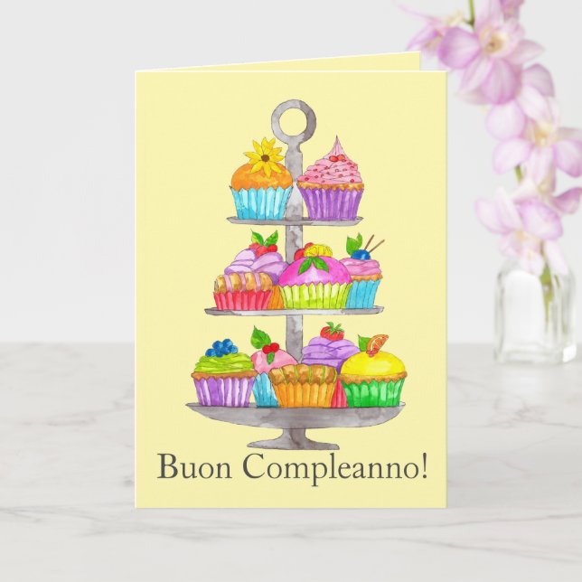 Italian Birthday Watercolor cupcakes  Card (Orchid)