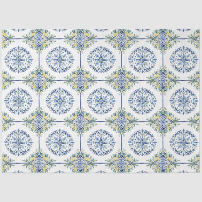 Italian Blue and White Lemon Floral Tile Decoupage Tissue Paper (Front)