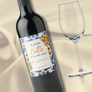 Italian Blue Tile Cutie Orange Citrus Baby Shower Wine Label
