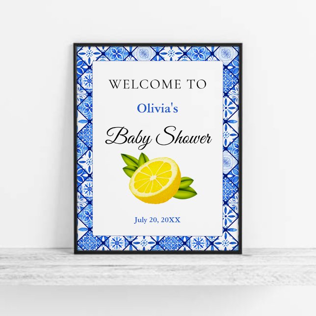 Italian Blue Tile Lemon Baby Shower Welcome  Poster (Italian Blue Tile Lemon Baby Shower Welcome Sign )