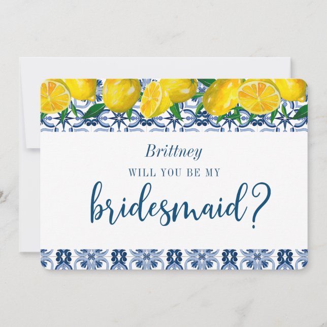 Italian Blue Tile Lemon Bridesmaid Proposal Card (Front)