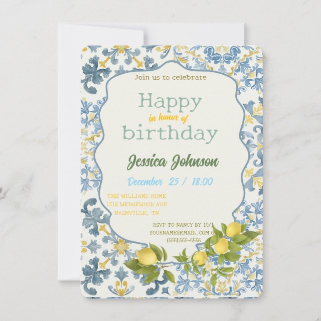 Italian Blue Tile Lemon Invitation (Devant)