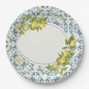 Italian Blue Tile Lemon Paper Plate