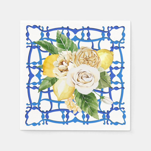 Italian blue tile lemon roses party villa napkin (Front)