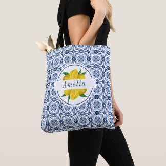 Italian Blue Tile Lemon Wedding Favour Tote Bag