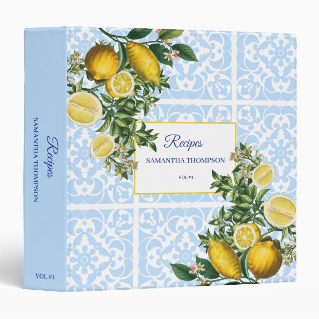 Italian Blue Tile & Lemons Bridal Shower Recipe  Binder (Front/Spine)