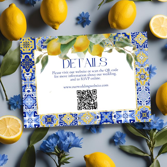Italian Blue Tile Lemons Wedding Website QR Code Enclosure Card (Creator Uploaded)