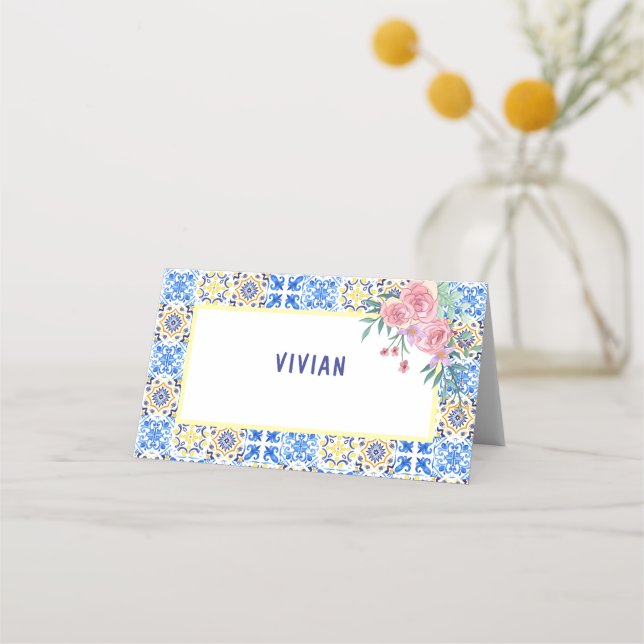 Italian Blue Tile Mamma Mia Baby Shower Name Place Card (Front)