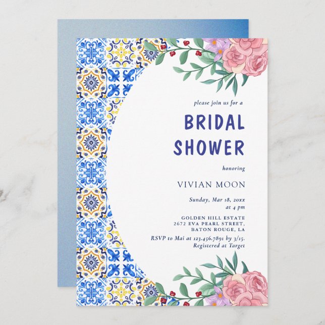 Italian Blue Tile Mediterranean Bridal Shower Invitation (Front/Back)