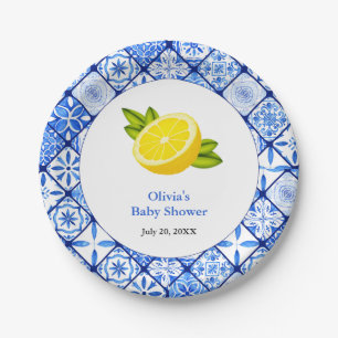 Italian Blue Tile Mediterranean Lemon Baby Shower Paper Plate