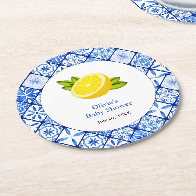 Italian Blue Tile Mediterranean Lemon Baby Shower Round Paper Coaster (Angled)