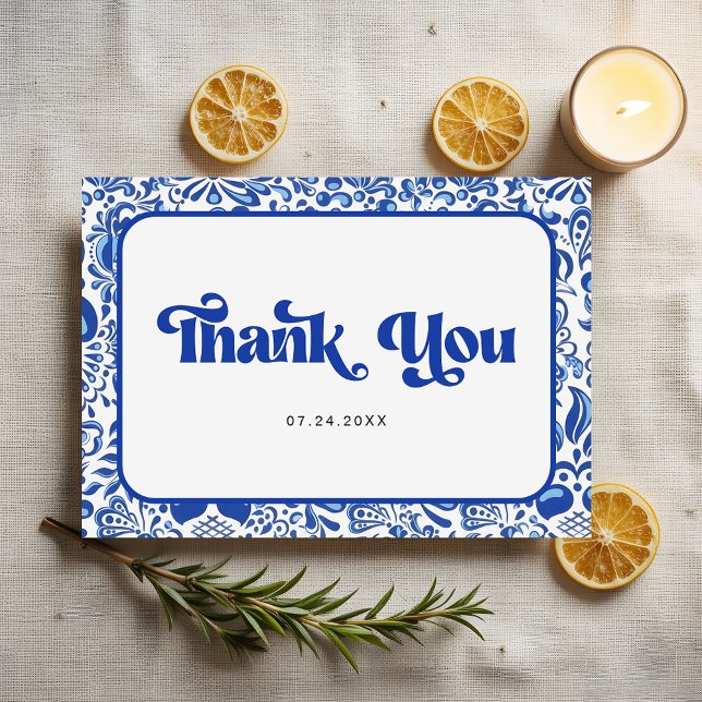 Italian Blue Tile Retro Bridal Shower Thank You Card (Creator Uploaded)