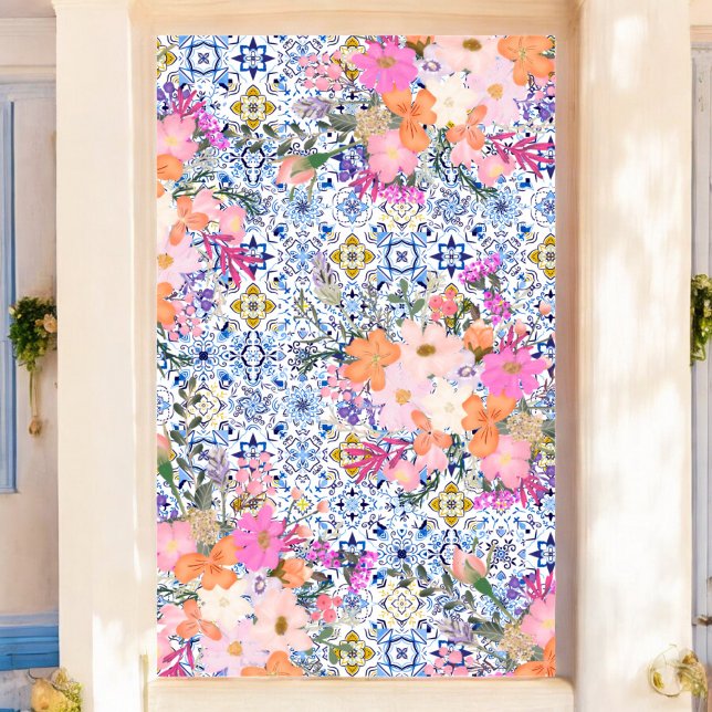 Italian blue tile watercolor floral bridal poster (Italian blue tile watercolor floral bridal poster)
