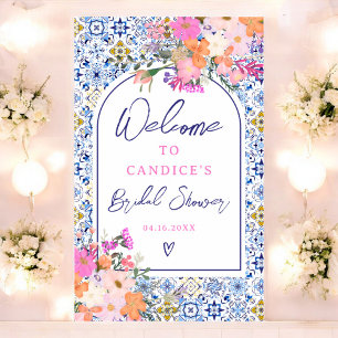Italian blue tile watercolor floral bridal welcome poster