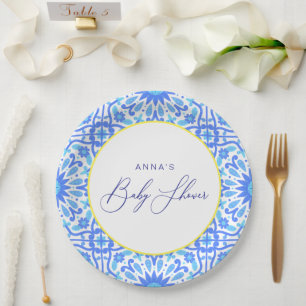 Italian Blue Tile Yellow Line Baby Shower Script Paper Plate