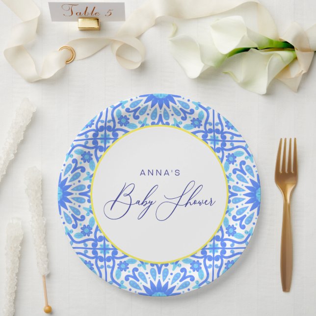 Italian Blue Tile Yellow Line Baby Shower Script Paper Plate (Wedding)