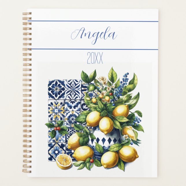Italian blue tiles and lemons | your name planner (Front)