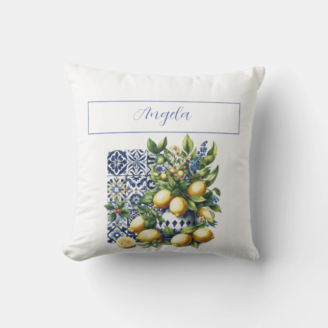 Italian blue tiles and lemons | your name throw pillow (Front)