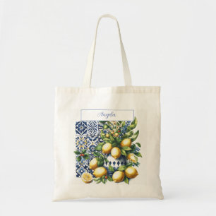Italian blue tiles and lemons   your name tote bag