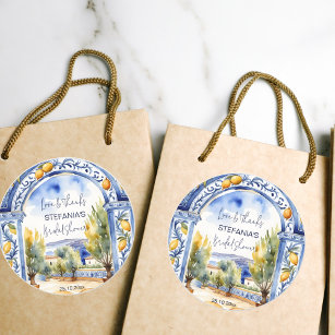 Italian Blue tiles arch lemons bridal shower Classic Round Sticker