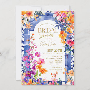 Italian Blue Tiles Bright Floral Bridal Shower Invitation