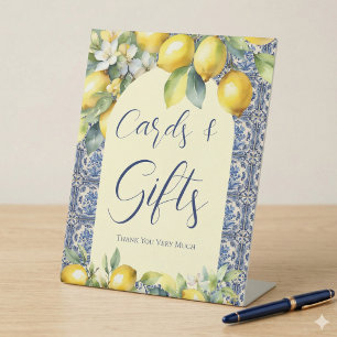 Italian blue tiles & lemon baby shower cards gifts pedestal sign