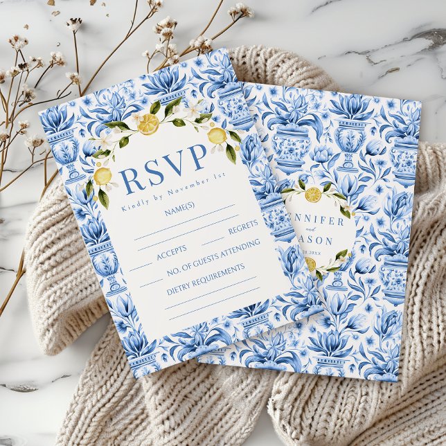 Italian blue tiles lemon bloom wedding RSVP cards (Creator Uploaded)