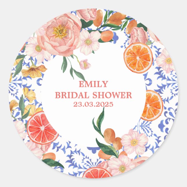 Italian blue tiles mediterranean Bridal Shower  Classic Round Sticker (Front)