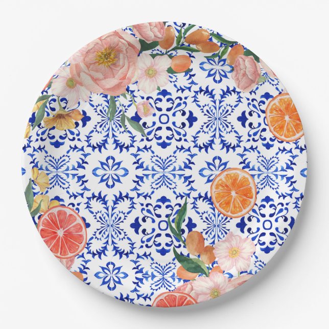 Italian blue tiles mediterranean Bridal Shower  Paper Plate (Front)