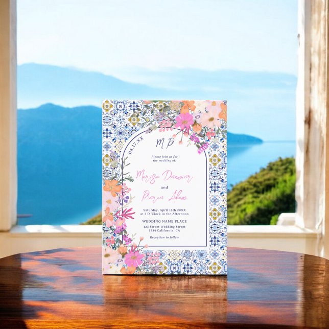 Italian blue tiles watercolor floral photo wedding invitation (Italian blue tiles watercolor floral photo wedding invitation)