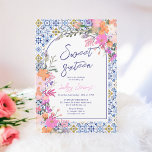 Italian blue tiles watercolor floral Sweet 16 Invitation<br><div class="desc">Our Italian-Mediterranean inspired blue ceramic tile pattern paired with cheerful hand painted pink spring summer wildflowers botanical illustrations creates a fresh and modern pretty Sweet 16 teenager birthday party invitation invitation that's sure to impress! Featuring a modern arch shape and elegant brush script. Impress your guests with this trendy and...</div>