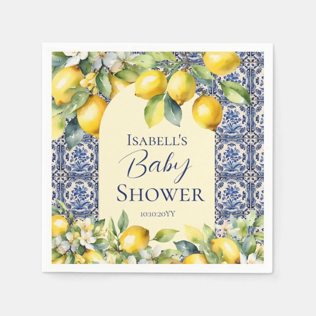 Italian blue tiles watercolor lemon baby  welcome  napkin (Front)