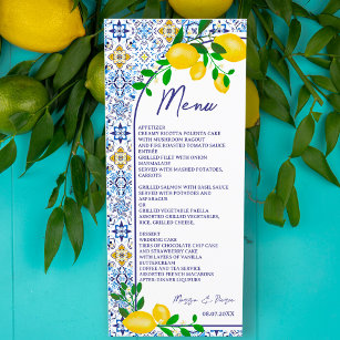 Italian blue tiles watercolor lemon wedding menu
