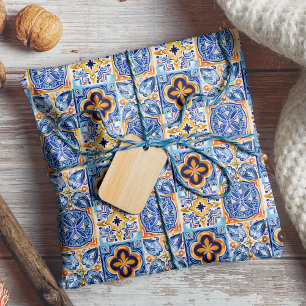 Italian Blue White Sicilian Ceramic Tile Pattern Wrapping Paper