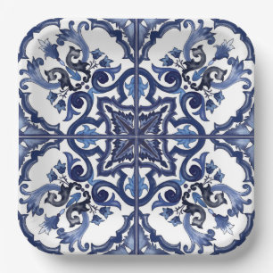 Italian Blue & White Sicilian Majolica Mosaic Paper Plate