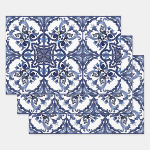 Italian Blue & White Sicilian Majolica Mosaic Wrapping Paper Sheet