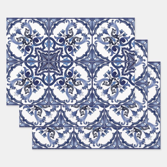 Italian Blue & White Sicilian Majolica Mosaic Wrapping Paper Sheet (Set)
