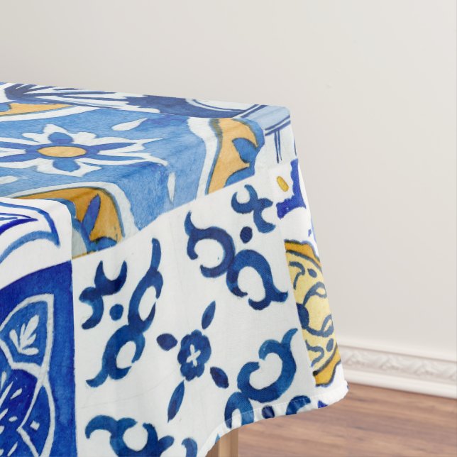 Italian Blue, White & Yellow Mediterranean Pattern Tablecloth (In Situ)