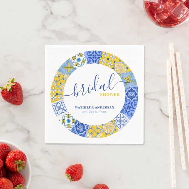 Italian Blue Yellow Tile Summer Bridal Shower Napkin (Insitu)