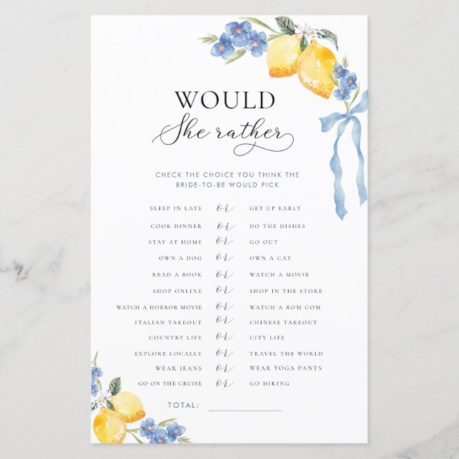 Italian Bow & Lemons Bridal Would She Rather Game (Front)
