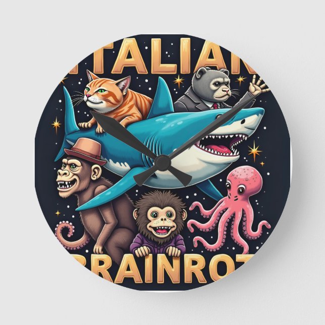Italian Brainrot – Absurd Animal Collage Round Clock (Front)