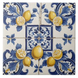 Italian Ceramic Lemons Tile Blue White