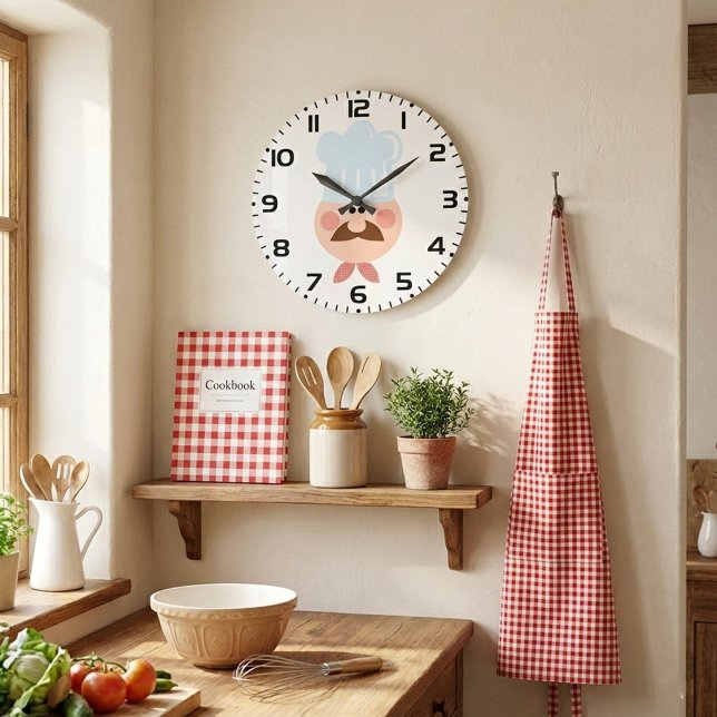 Italian Chef Face with Moustache and Hat Large Clock (Creator Uploaded)