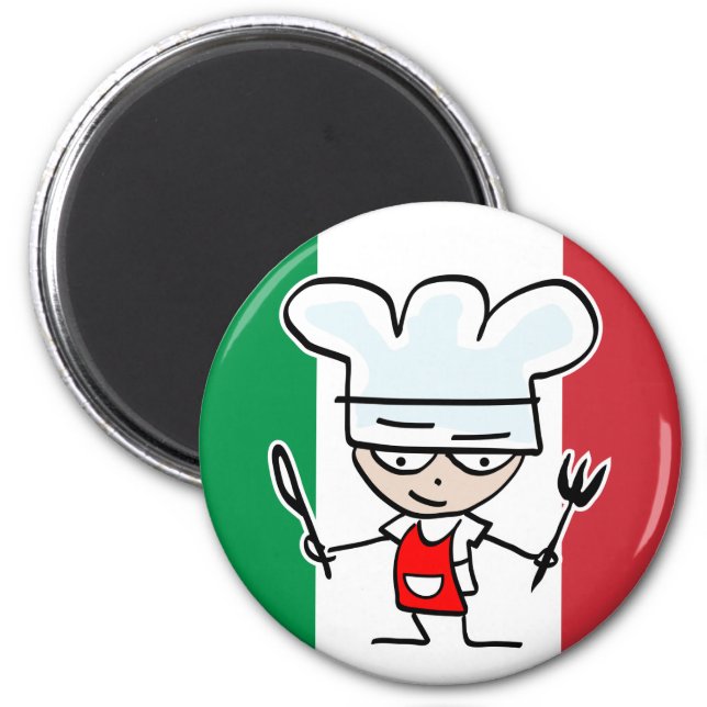 Italian chef fridge magnet with cartoon and flag (Front)