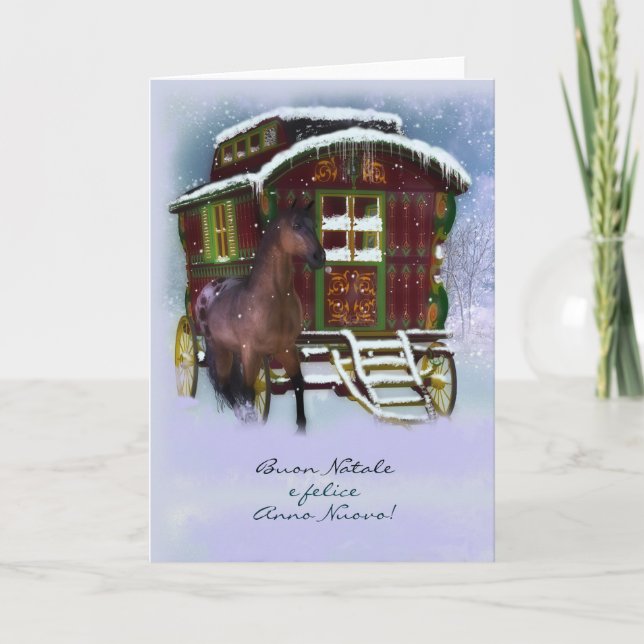 Italian Christmas Card - Horse And Old Caravan - B (Front)