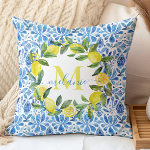 Italian Citrus & Blue Tiles Custom Name Monogram Throw Pillow